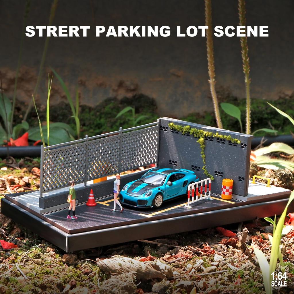 Shoucangjia Display Case for Tomica, Hot Wheels, Matchbox Cars 1:64 Scale Model Garage with Dust Cover, Street Fence Scene Diorama Parking Showcase