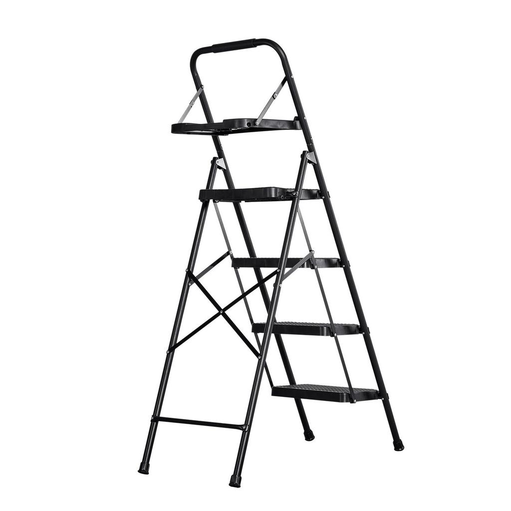 Échelle à 4 marches, Marchepied pliant avec large pédale antidérapante, Plateau à outils, Poignée de confort, Capacité de 272 kg, Échelle portable en acier, Multi-usage pour