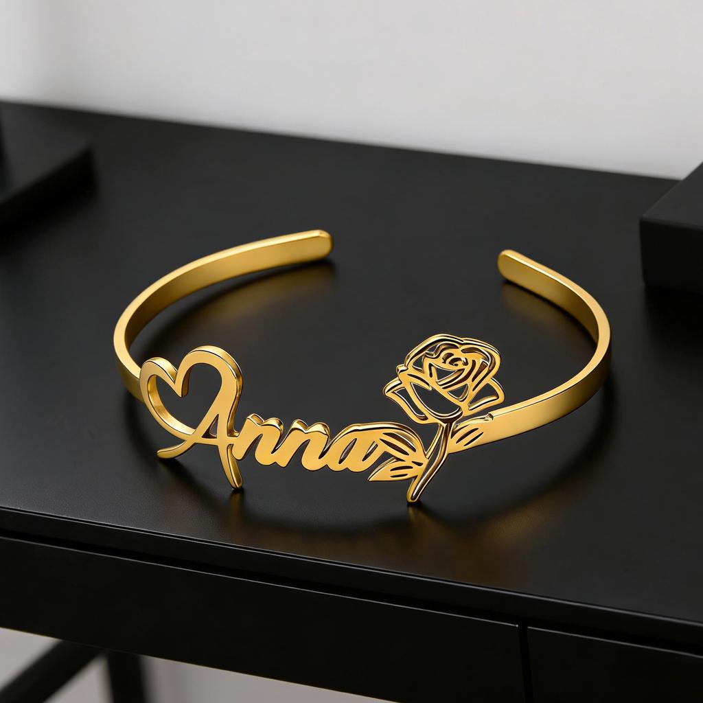 Atoztide Custom Name Bracelet for Women Men Stainless Steel Jewelry Hollow Heart Flower Bangles Personalized Birthday Gift