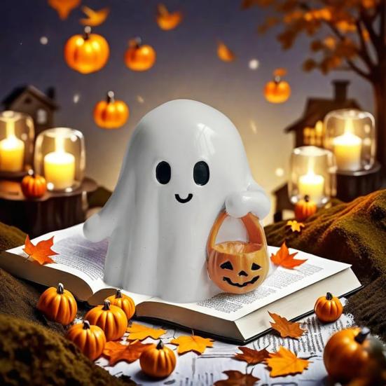 Halloween Ghost Figurine Resin Ghost Ornament Holding A Pumpkin Lantern Glossy Finish Ghost Statue for Home Office Desk Shelf Decor