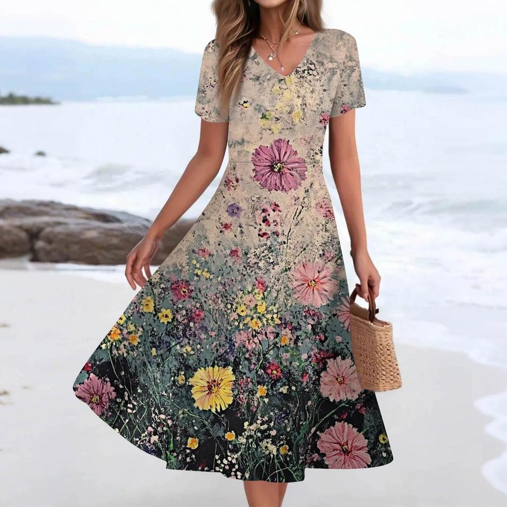 Women's Summer Casual Fashion Print Pocket Short Sleeve V-Neck Swing Dress