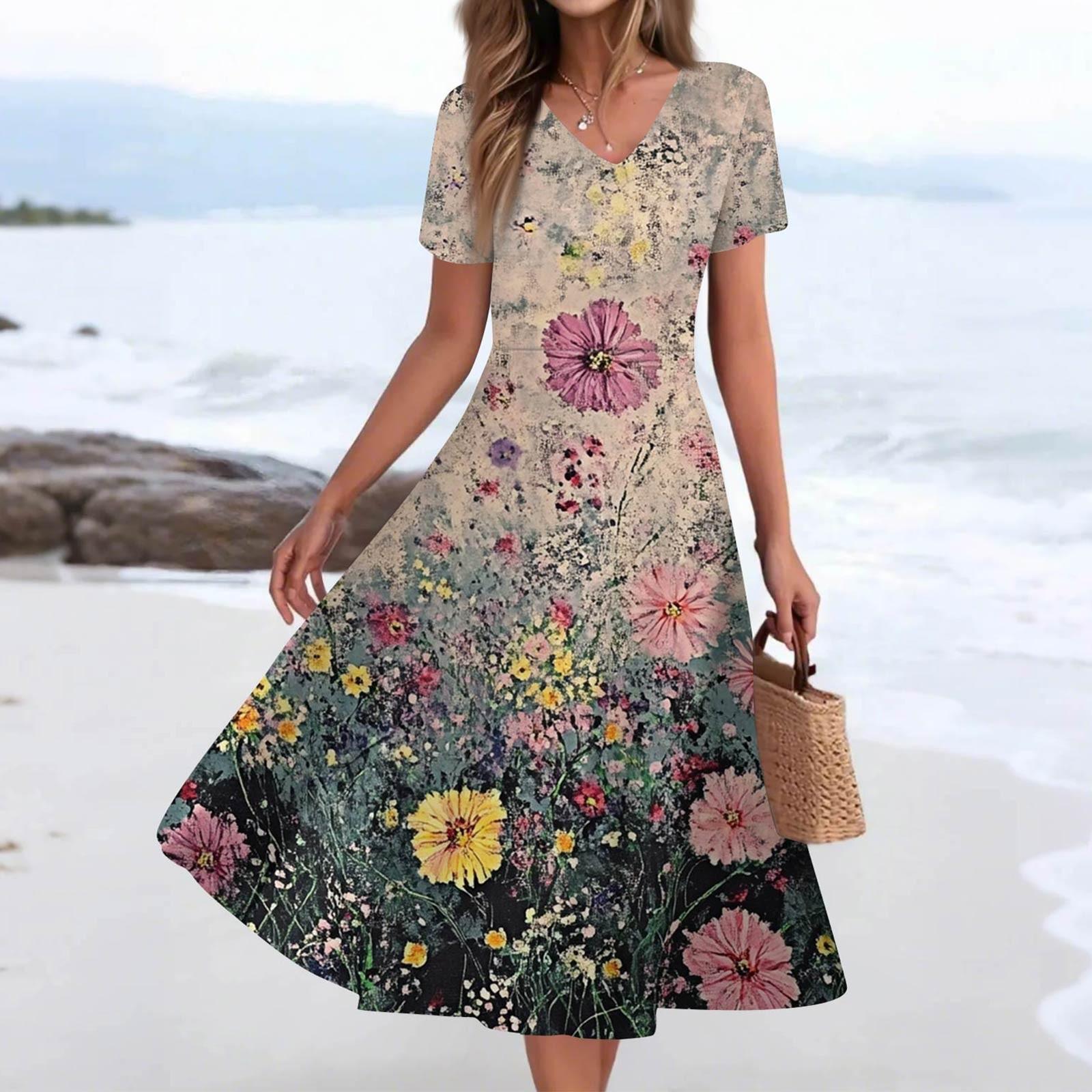 

Женское летнее повседневное модное платье с принтом и карманом, коротким рукавом и V-образным вырезом S розовый