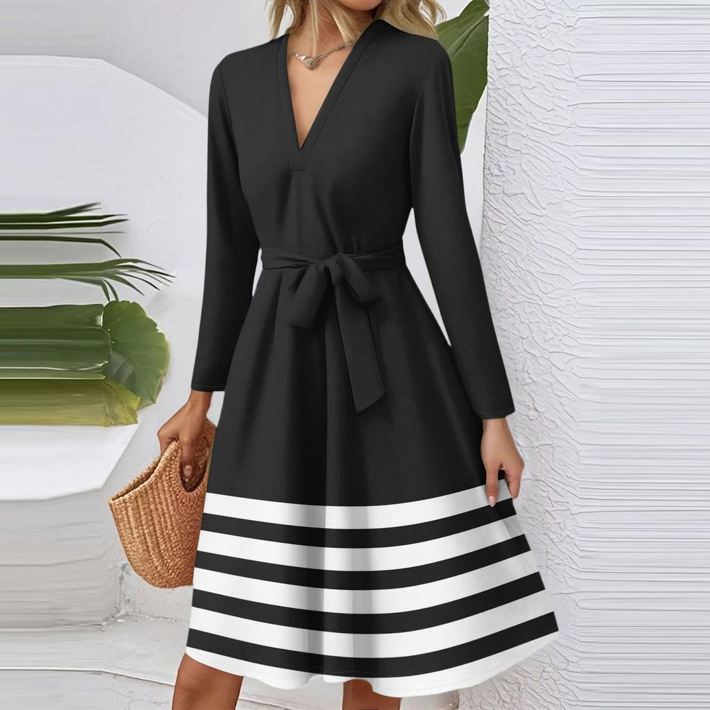 Women's Fashion Casual V-Neck Long Sleeve Waist Striped Printed Midi Dress