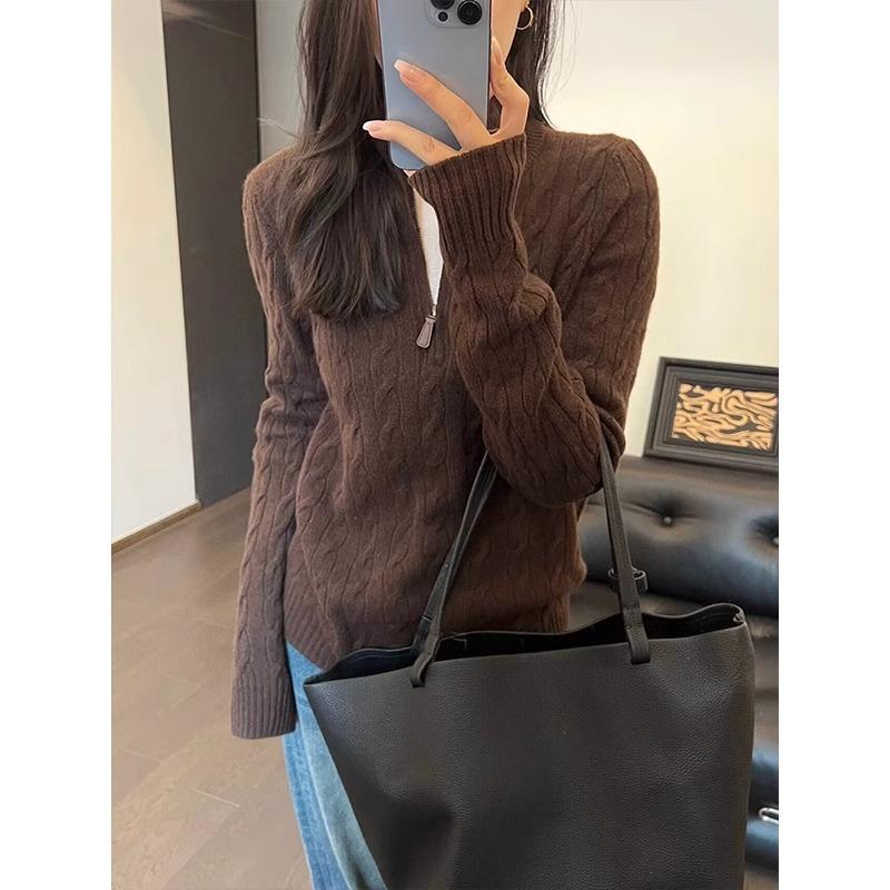 Korean Style Half-Zip Cable Knit Sweater for Women - Autumn/Winter 2024