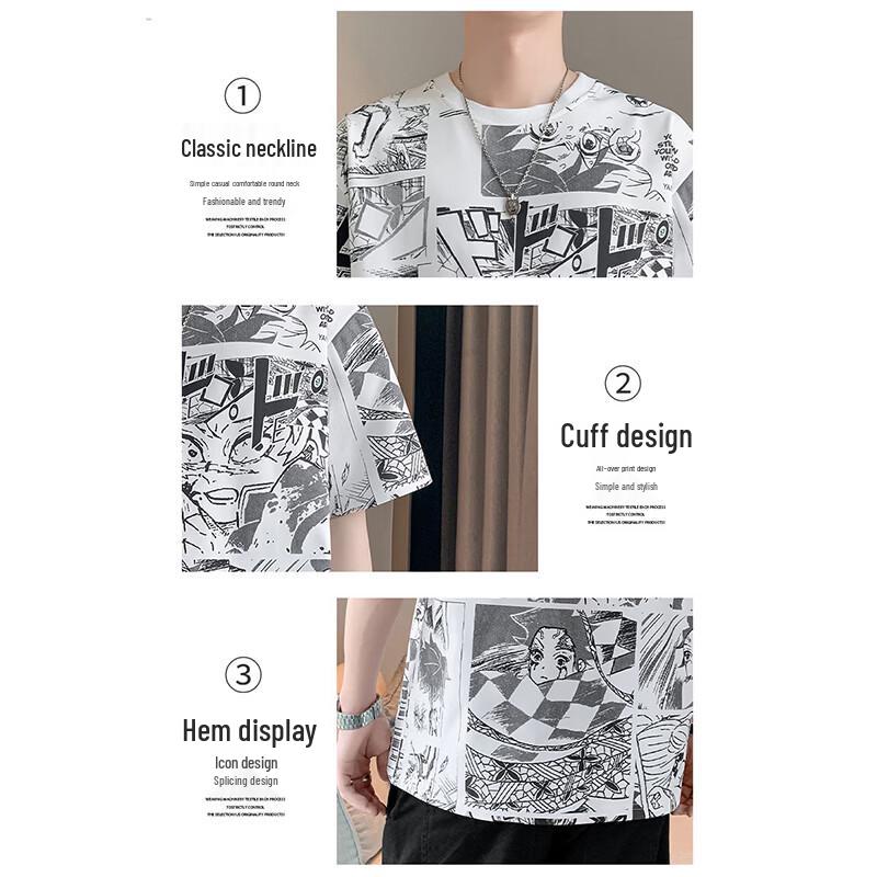 PLAYBOY Men's Summer Trendy Anime Print Loose Casual Short Sleeve T-Shirt