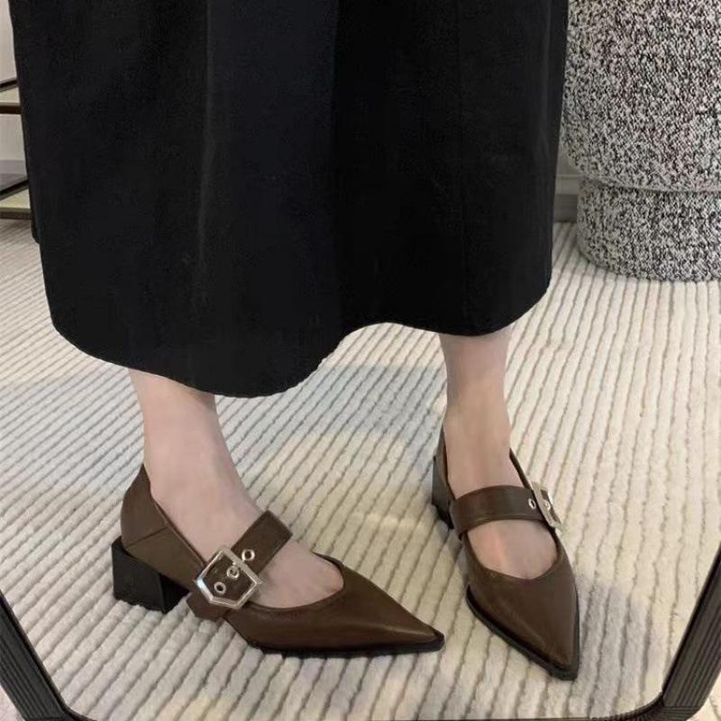 French retro Mary Jane thick-heeled single shoes women's 2025 new temperament pointed one-word buckle with small fragrant high heels