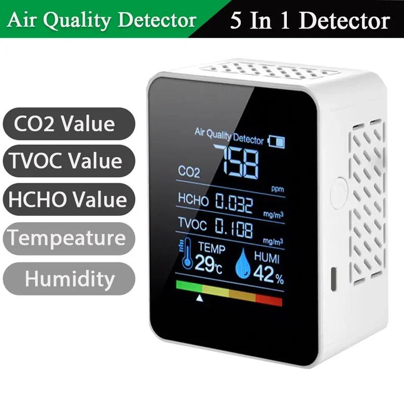 Multifunctional 5in1 CO2 Meter Digital Temperature Humidity Tester Carbon Dioxide TVOC HCHO Detector Air Quality Monitor Gas
