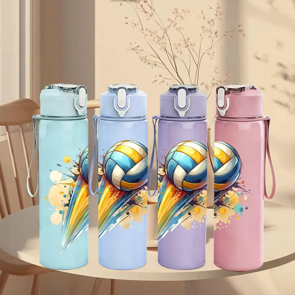 1PC Colorful Volleyball Pattern 750ml Color Plastic Sports Water Bottle Leakproof Flip Straw Lid Suitable for Sports Office Home Use