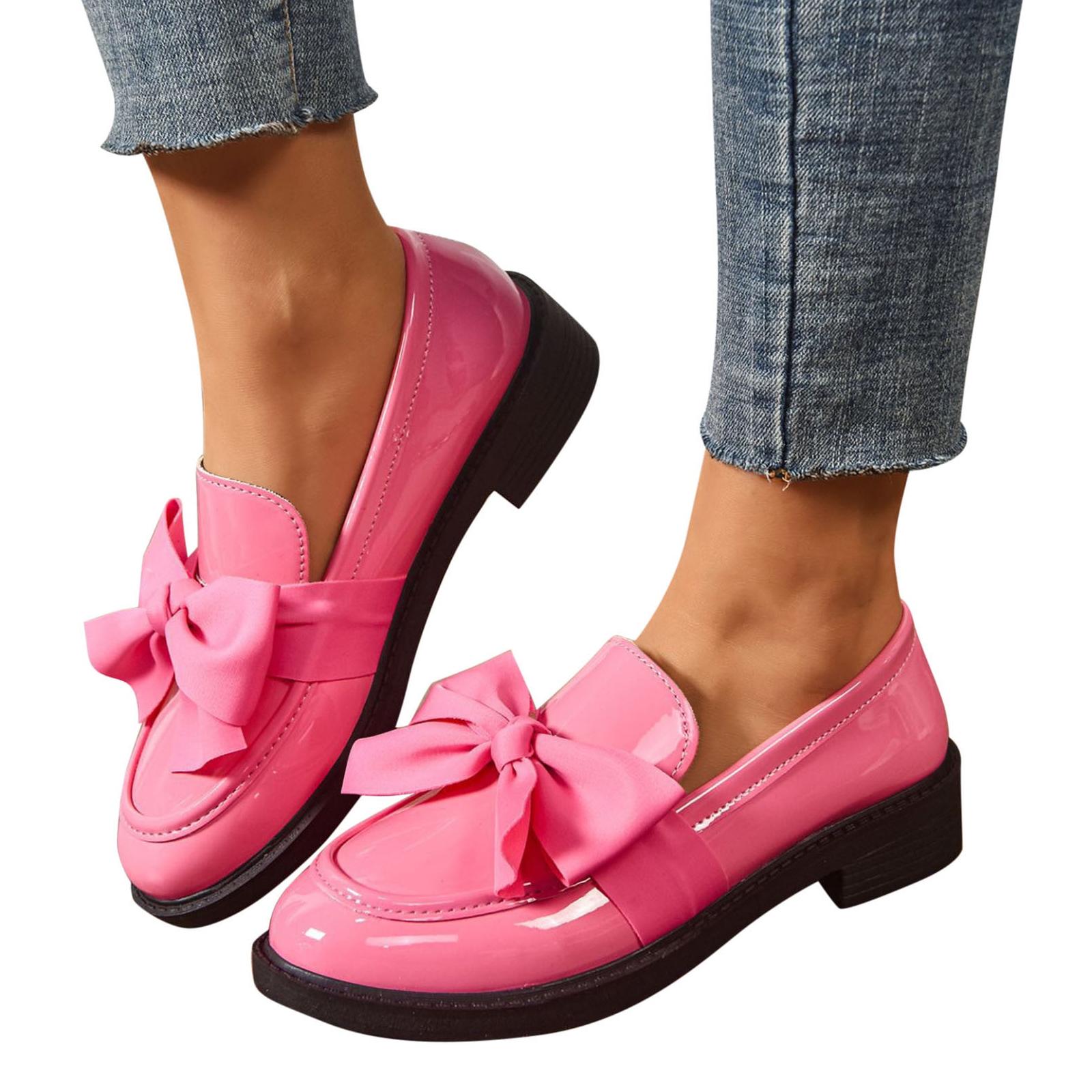 

Women s Fashionable Plus-Size Round-Toe Bow Loafers Small Leather Shoes 42 рожевий