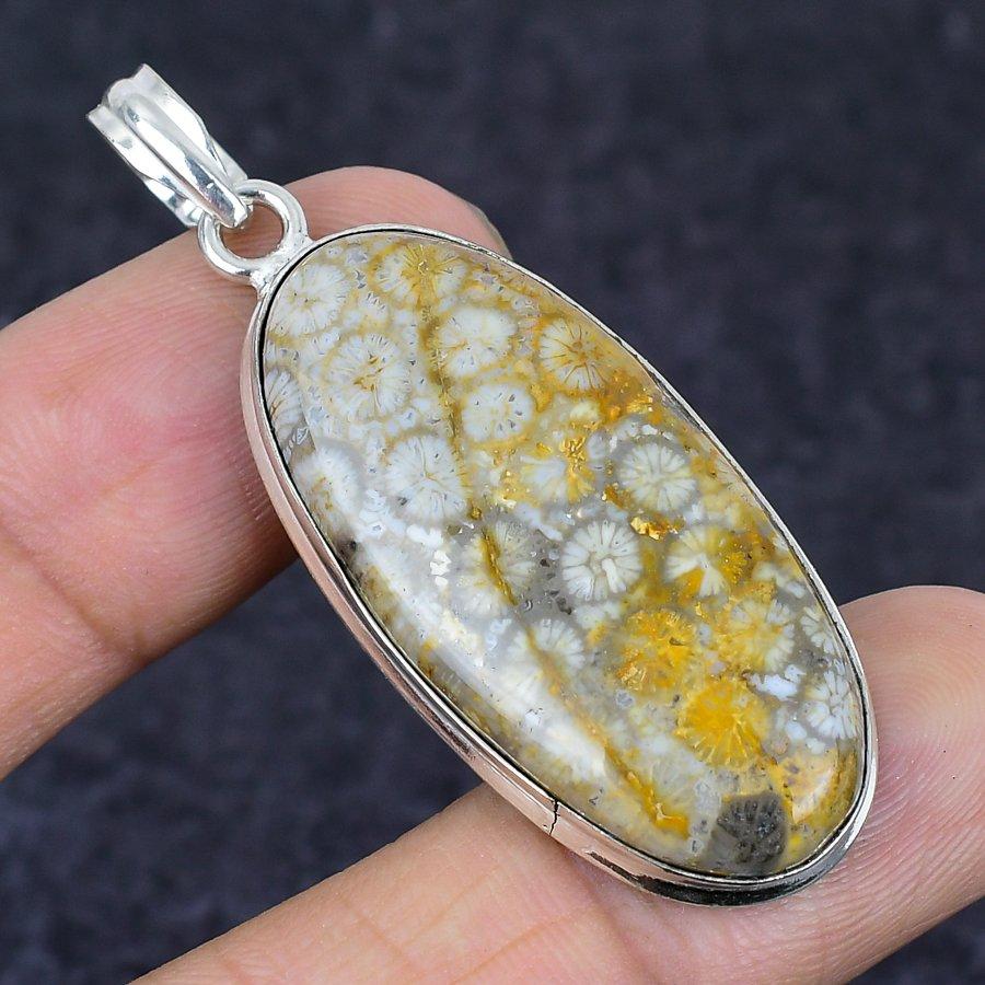 Fossil Coral Gemstone Handmade 925 Sterling Silver Jewelry Pendant 2.21" Z2m70