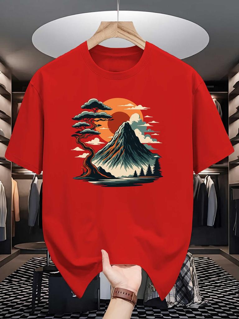 Unisex Yellow Tee Fuji Mountain Pine Sunset Landscape Graphic Print Crew Neck Short Sleeve Summer Casual Male Cotton Street Top