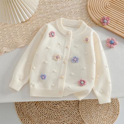Beige gebreid vest voor meisjes 2-8 jaar Zacht trui jas met kleurrijke bloemen Mode peutermeisje herfst winter top