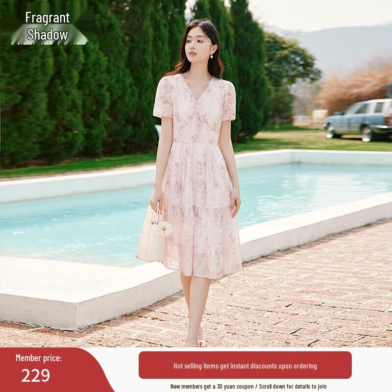 Xiangying Women s French Floral V-Neck Summer Dress M