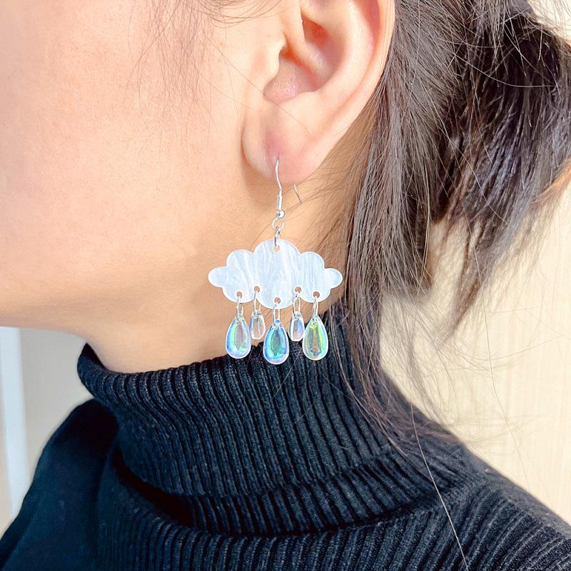 Elegant Acrylic Rain Cloud & Crystal Teardrop Tassel Earrings