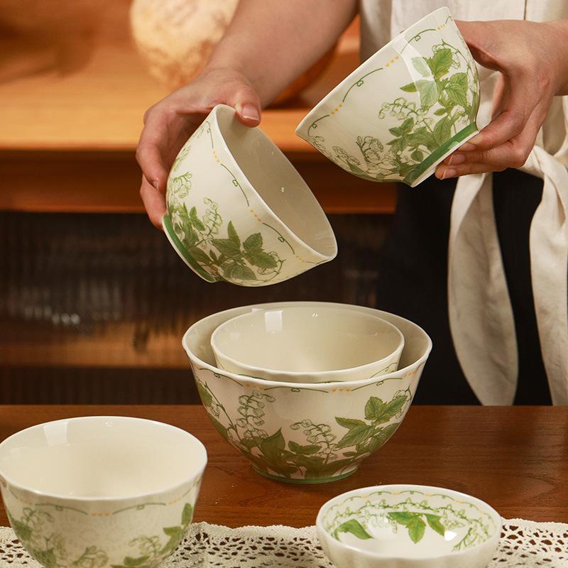 Cream Style Household Ceramic Tableware Housewarming Gift Creative Flower Rice Bowl Soup Bowl Vegetable Plate Combination Set