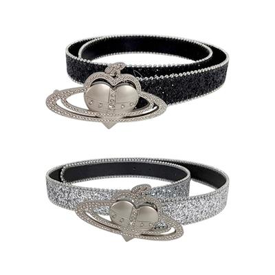 Rhinestones Heart Buckle Belt for Women Girl Sequined Pants Belt Bead Trim Belt for Shorts Dress Fashion Waist Accessory