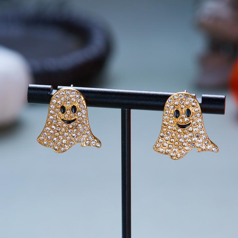 2Pcs Cute Halloween Ghost Stud Earrings Ab Crystal Encrusted Crystal Sparkling Quality Jewelry Gift For Women Girls Fashion