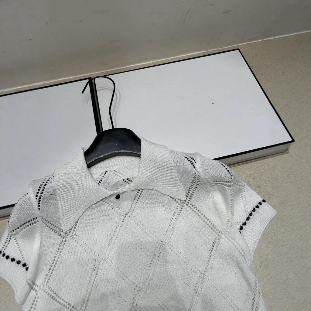 European-Style Luxury Diamond Pattern Knit Top with Lapel - 2026 Summer Arrival