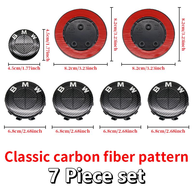 For BMW E46 82mm Hood F10 74mm Trunk Emblem 7Pcs Full Black Carbon Fiber Badge Set E90 68mm Wheel F30 Steering G20 X5 M4 Auto