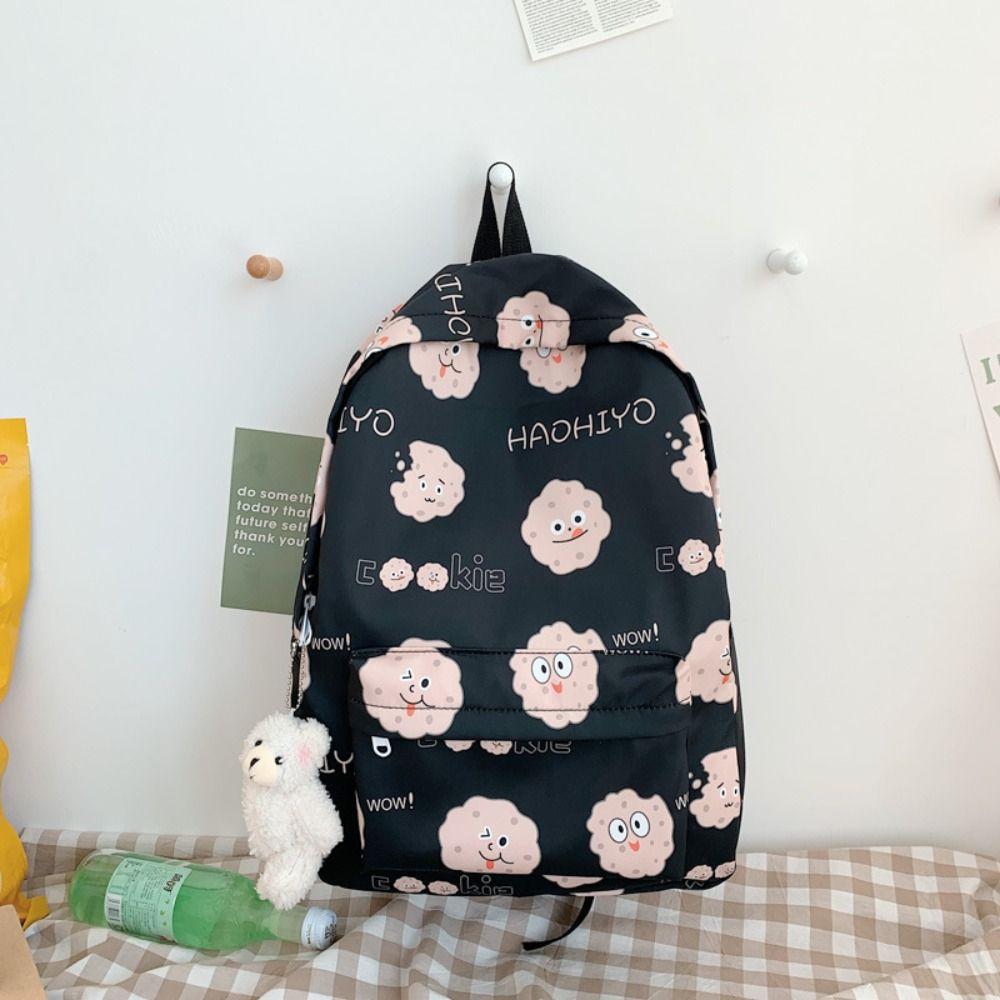 

Cute Biscuit Print School Bag Large Capacity High School Shoulder Bag Cute Expression Nylon Teenage Bookbag Girls чёрный