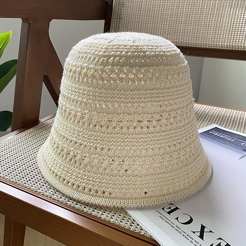 Knitted Hollow Bucket Hat Women's Summer New Solid Color Breathable Sunscreen Sunshade Bucket Basin Hat Sun Hat