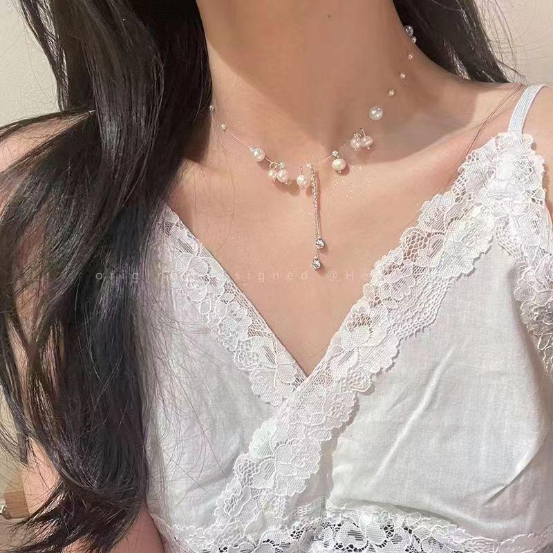 Camellia Double-layer Pearl Necklace Women's Summer Light Luxury High-end Niche Design Neck Chain Temperament Fringed Collarbone Chain