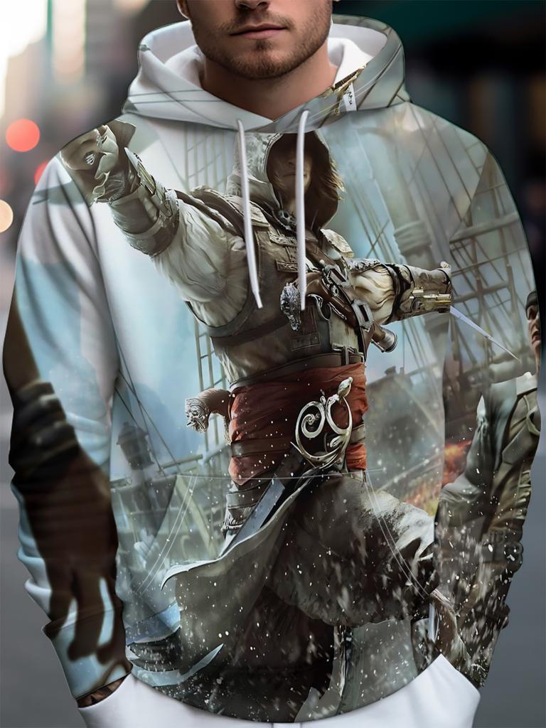 Men's Anime Dual-Sword Fighting Print Hoodie - Relaxed streetwear style hoodie, suitable for everyday wear, casual wear, and themed events.