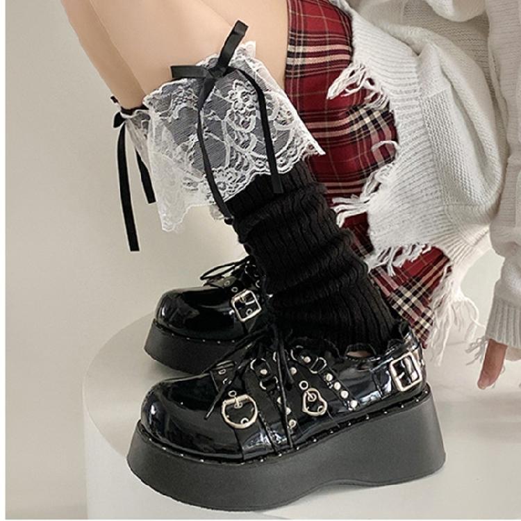 Women Aesthetic Ribbed Knit Stretch Leg Warmer Japanese Boot Cover Sweet Ruffled Lace Trim Bows Leg Sleeve Long Socks