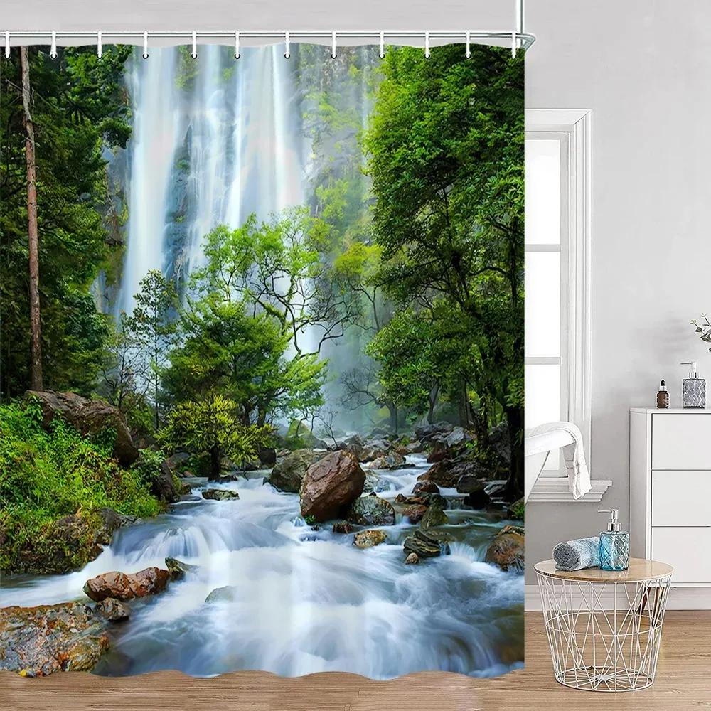 Tropischer Regenwald Duschvorhänge Waldpflanzen Rustikale Naturlandschaft Badevorhang Gartenwandbehang Badezimmer Dekor Haken