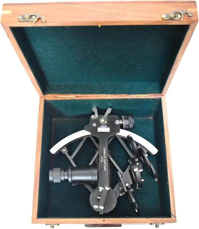 Tamaya Sextant – Antique Maritime Navigational Instrument with Wooden Box | Working Brass Sextant, Astrolabe, Nautical Ship Decor, Gift.