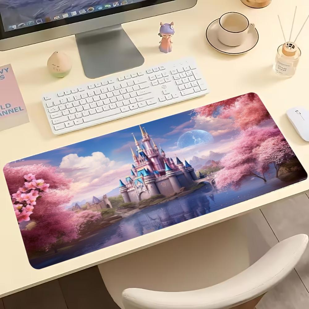 Magical Fairy Tale Castle Print Gaming Mouse Pad Large Desk Mat AntiSlip Rubber Base Stitched Edge Keyboard Mat For Workstation
