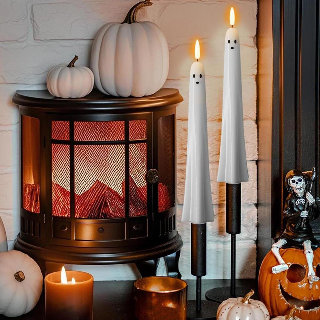 Battery Operated Candles Halloween Ghost Battery Taper Candles LED Candlesticks Halloween Decorations for Fireplace Indoor