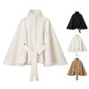 Women's Batwing Sleeve Wool Poncho Coat Stand Collar Cropped Cape Jacket with Belt Fall Winter Short Trench Pea Coat
