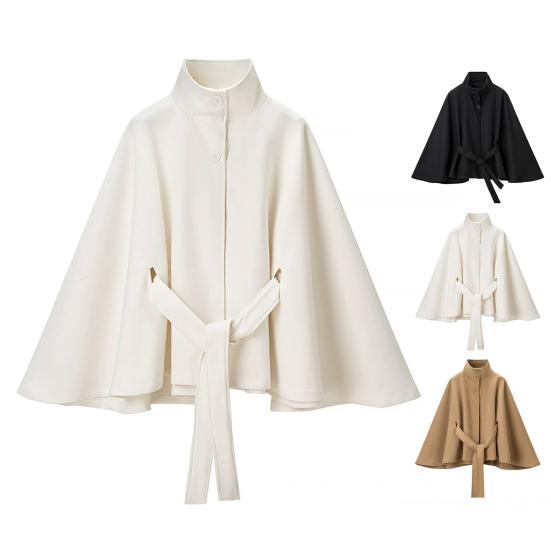 Women's Batwing Sleeve Wool Poncho Coat Stand Collar Cropped Cape Jacket with Belt Fall Winter Short Trench Pea Coat