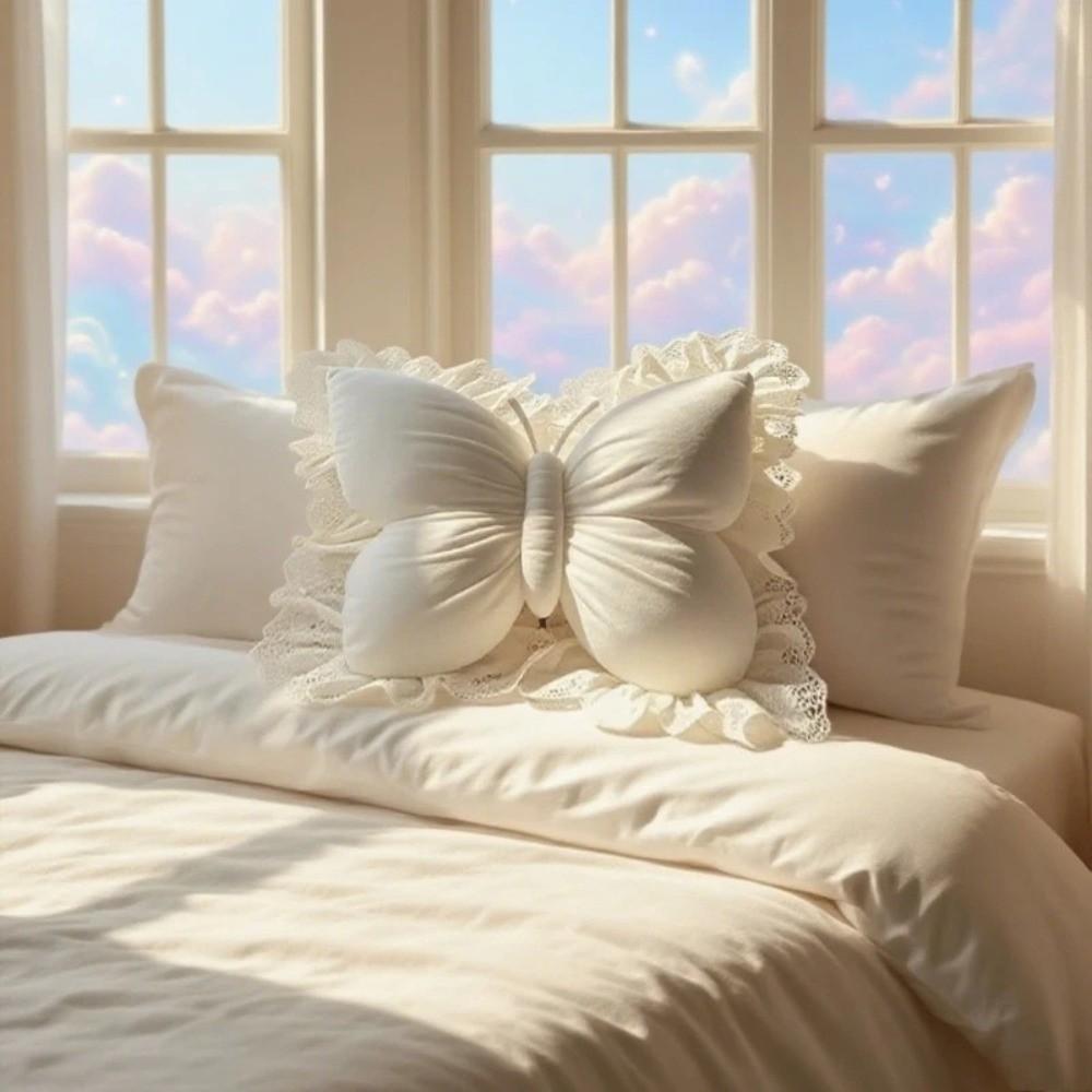 Soft Plush Butterfly Pillow Lace Edge Princess Pillow Aesthetic Decor Bow Cushion Sofa