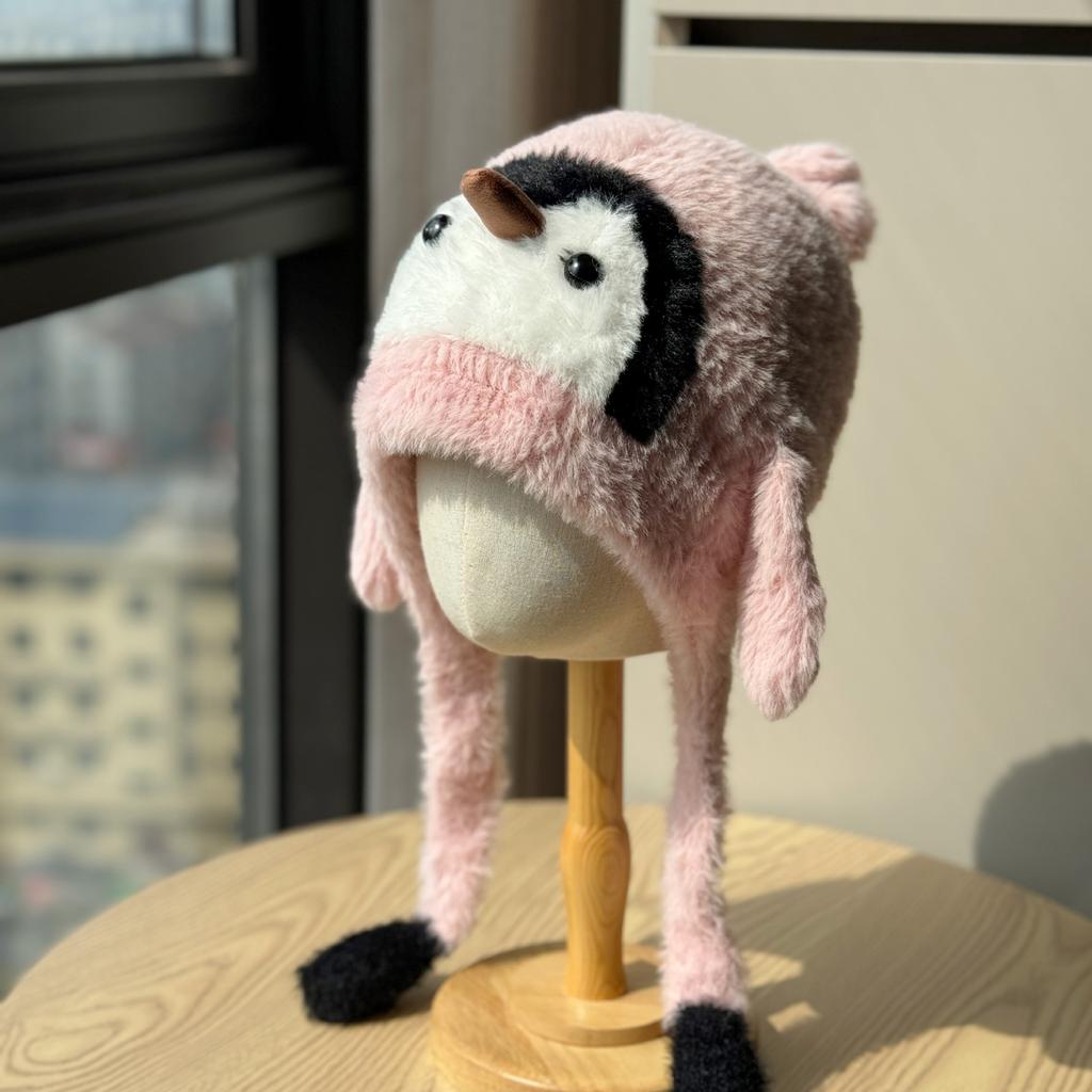 New Cute Penguin Plush Hat for Women In Autumn and Winter Thickened and Warm Ear Protection Hat Versatile Face Showing Small Knitted Pullover Hat