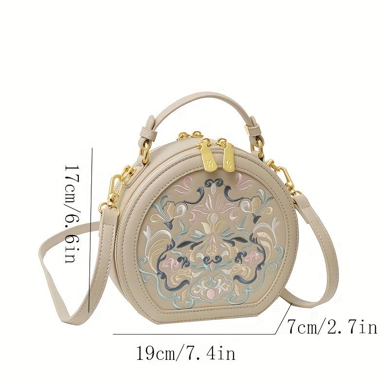 Vintažinė siuvinėta apvali rankinė per petį, rankinė su užtrauktuku, klasikinė, madinga, nišinė krepšys