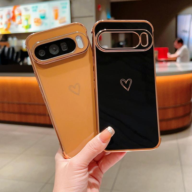 Capa brilhante com padrão de coração de amor para Google Pixel 9 Pro XL 8 Pro 8A 7A, capa de proteção de lente à prova de choque e macia de cor sólida