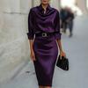 Women's Satin Midi Shirt Dress Long Sleeve Lapel V Neck Bodycon Office Work Dress Sheath Business Dress with Belt