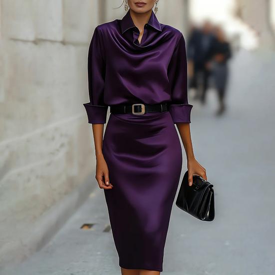 Women's Satin Midi Shirt Dress Long Sleeve Lapel V Neck Bodycon Office Work Dress Sheath Business Dress with Belt