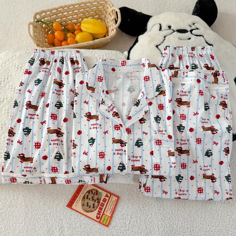 Set Pijama de Damă Dachshund Desen Animat cu Buline și Dungi - Mânecă Scurtă, Stil Coreean, Articole de Casă din Trei Piese.