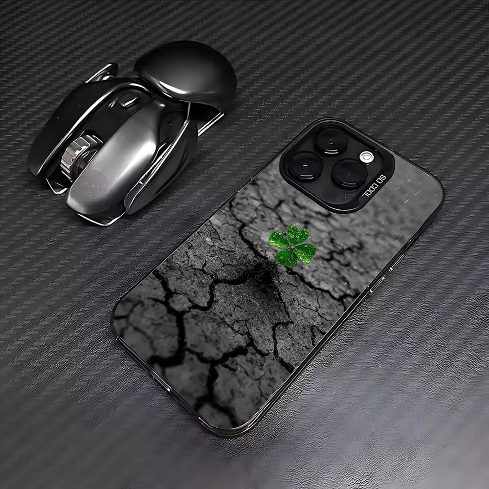 Lucky Four-Leaf Clover Phone Case For iPhone17,16,15,14,13,12,11 Plus,Pro Max Colored Silver Plated Inside Cover