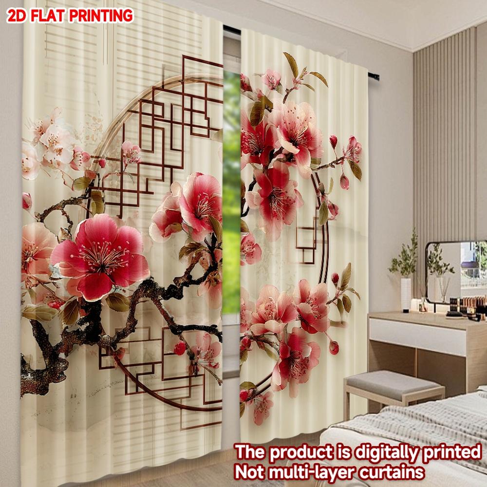 Set Of 2 Red Floral Chinese Lattice Curtains Oriental Pattern Blossoms Branches Asian Style Bedroom Classic Made Polyester Sleeping Area Window