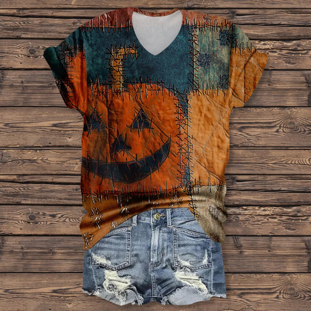 Women's Fashion Casual Three-quarter Sleeve Halloween Letters,  Face Print Top