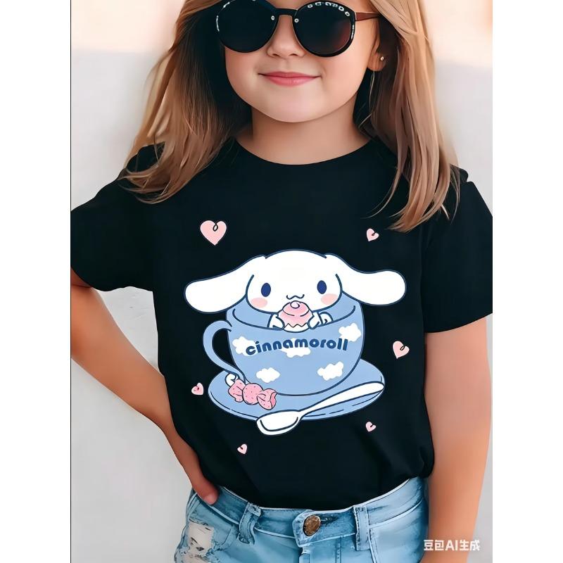 Cinnamoroll Teacup Print Kids T-shirt Cute Sanrio Dog with Hearts Black Short Sleeve Casual Graphic Tee for Girls 110