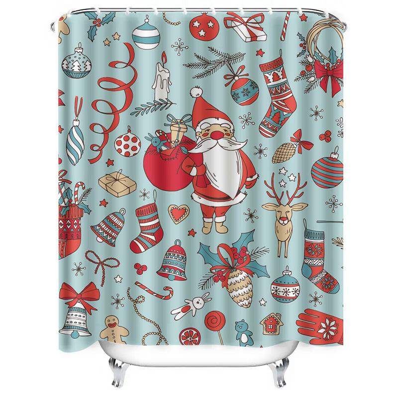 TU Christmas Shower Curtain Festive Holiday Decor Xmas Pattern Bathroom Decor Santa Claus Print Waterproof Fabric Backdrop for H