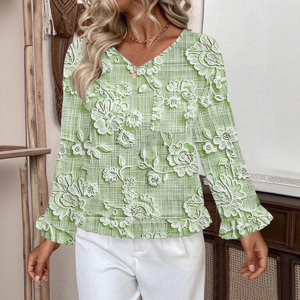 Dámský ležérní módní top s volánky, výstřihem do V, potiskem a dlouhým rukávem