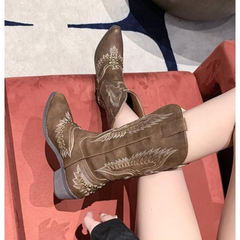 Fashion Women's Embroidered Western Mid Calf Boots Cowboy Square Heels Boots Pointed Toe Platform Boots Women Western Shoes