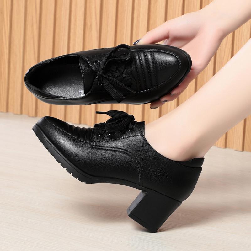 Spring Comfort Soft Leather Shoes Women'S Platform Pumps Lace Up Block Med Heels Shoes Oxfords For Office Mom Work
