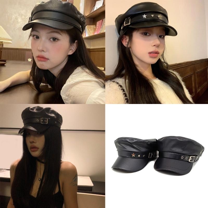 PU Painter Hat Flat Hat British Beret for Dating Photography Cabbie Headwear Painter Hat with Star Grommet Hat
